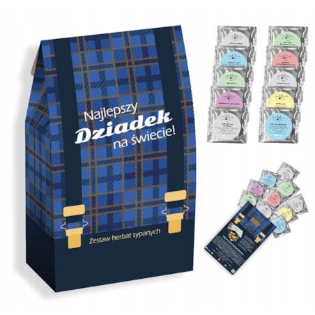 PREZENT UPOMINEK PODARUNEK NA DZIEŃ DZIADKA URODZINY 10 SMAKÓW HERBAT SYPANYCH PREMIUM GIFT BOX KOSZ PUDEŁKO ZESTAW PREZENTOWY UPOMINKOWY