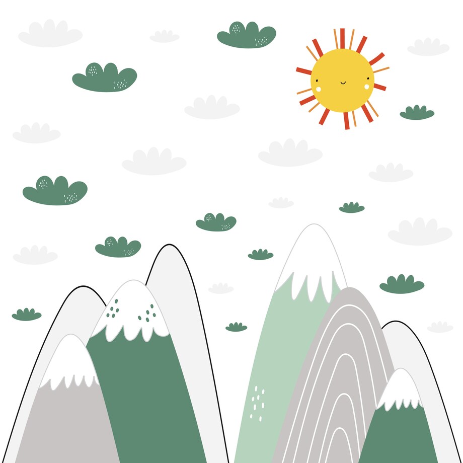 NAKLEJKI ŚCIENNE DLA DZIECI ZIELONE GÓRY CHMURKI ZESTAW STYL SKANDYNAWSKI