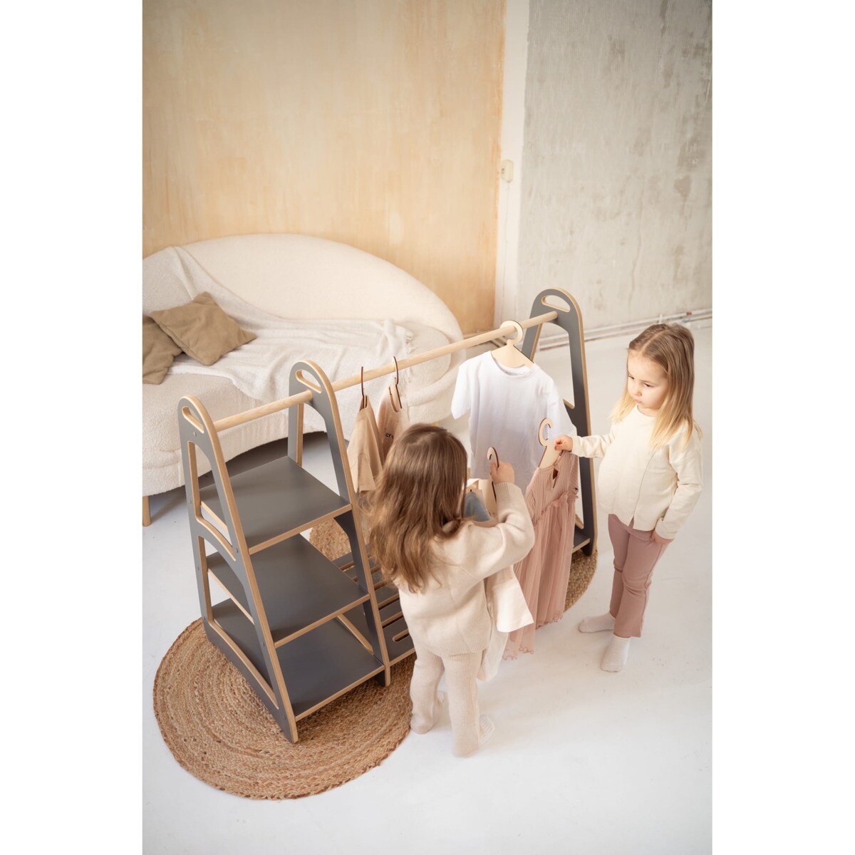 MAXI garderoba szafa wieszak montessori + 5 drewnianych wieszaczków - szara