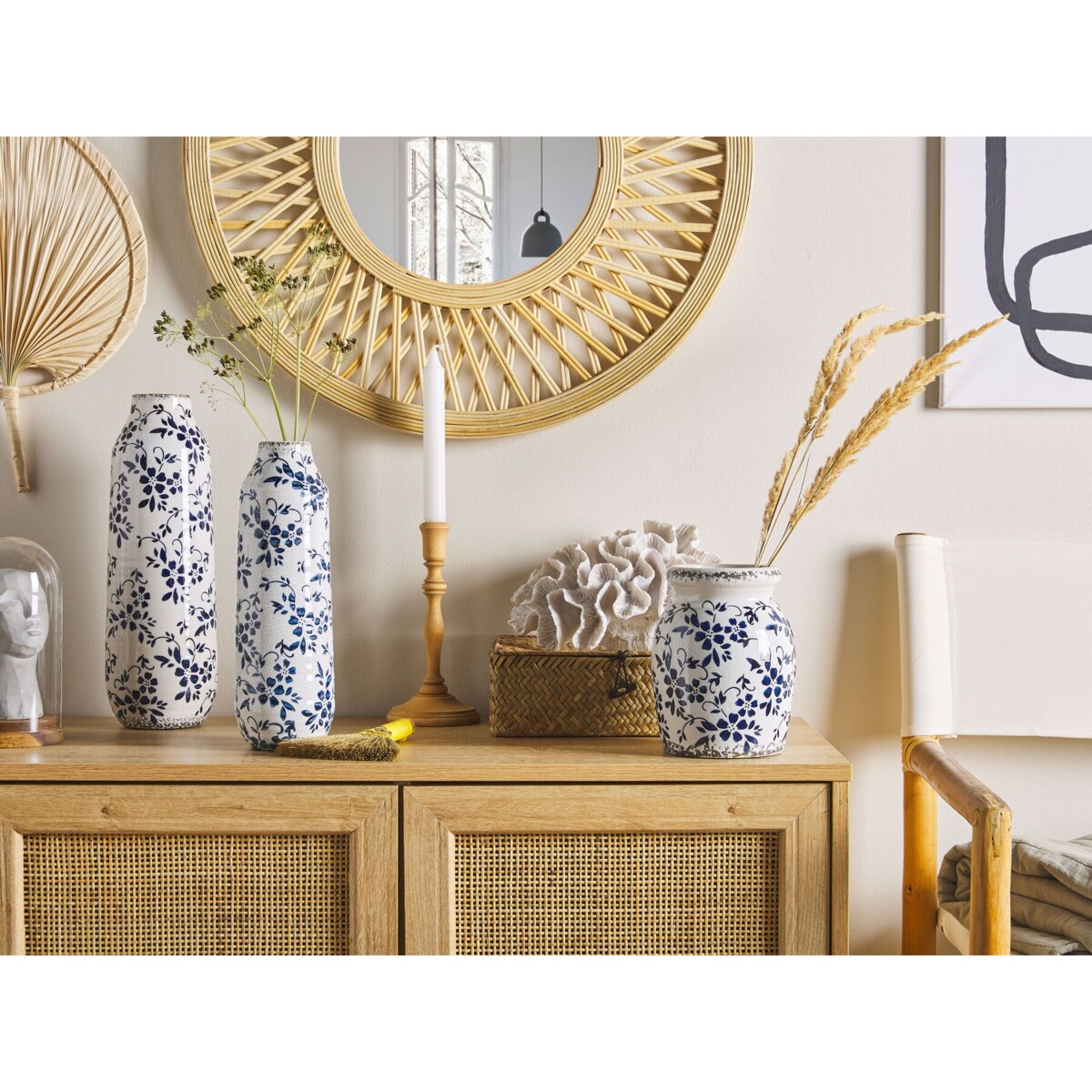 Wazon na kwiaty ceramiczny biały z niebieskim AMIDA