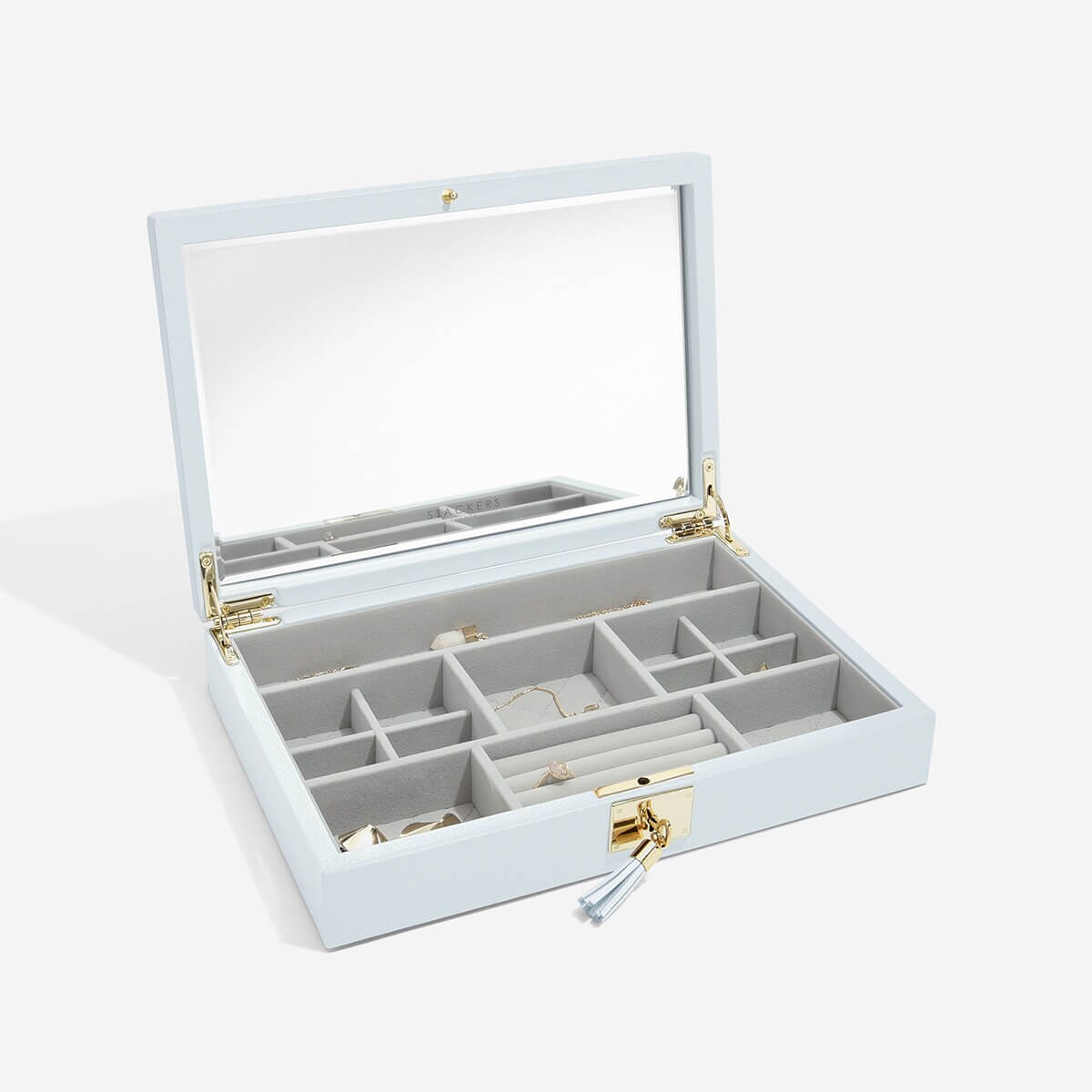 Szkatułka na biżuterię Loves Luxury błękitna z pokrywką i lusterkiem