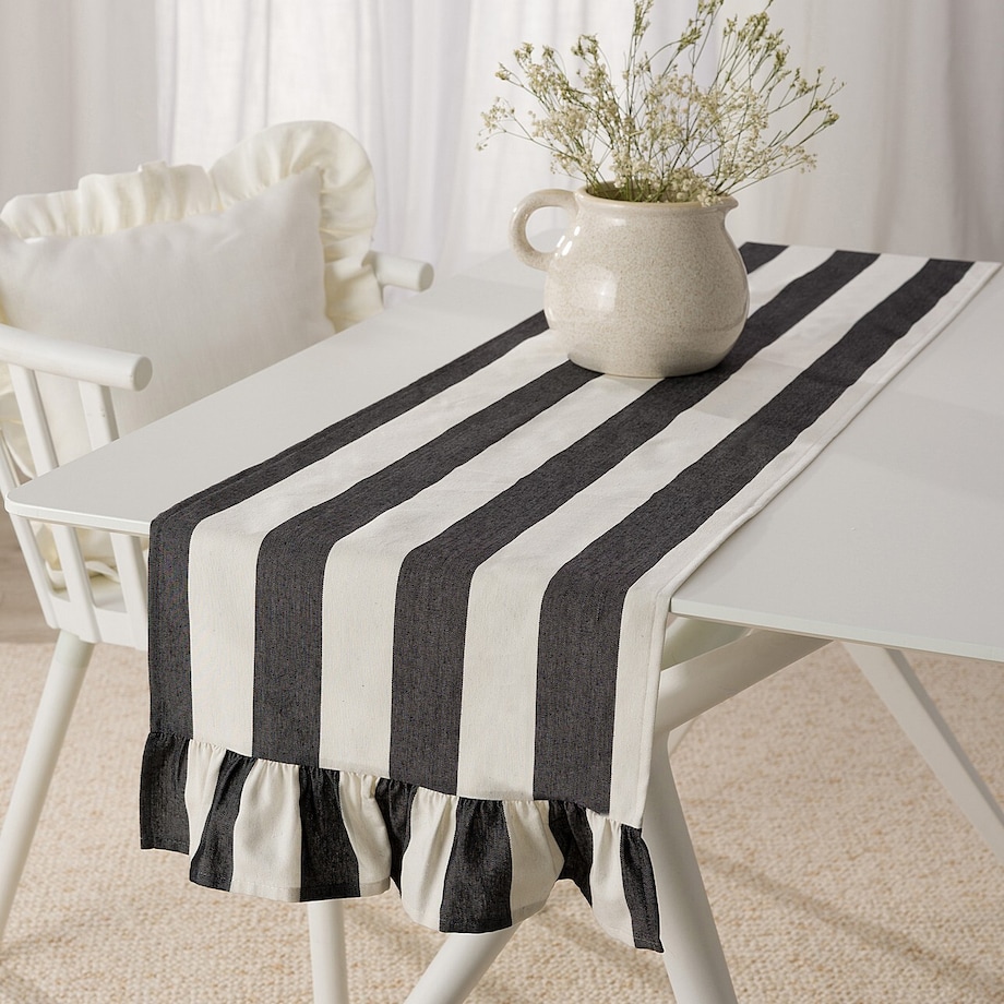 Bieżnik z falbaną 40x160 cm 40x160 biało-grafitowe pionowe pasy (5,5cm)