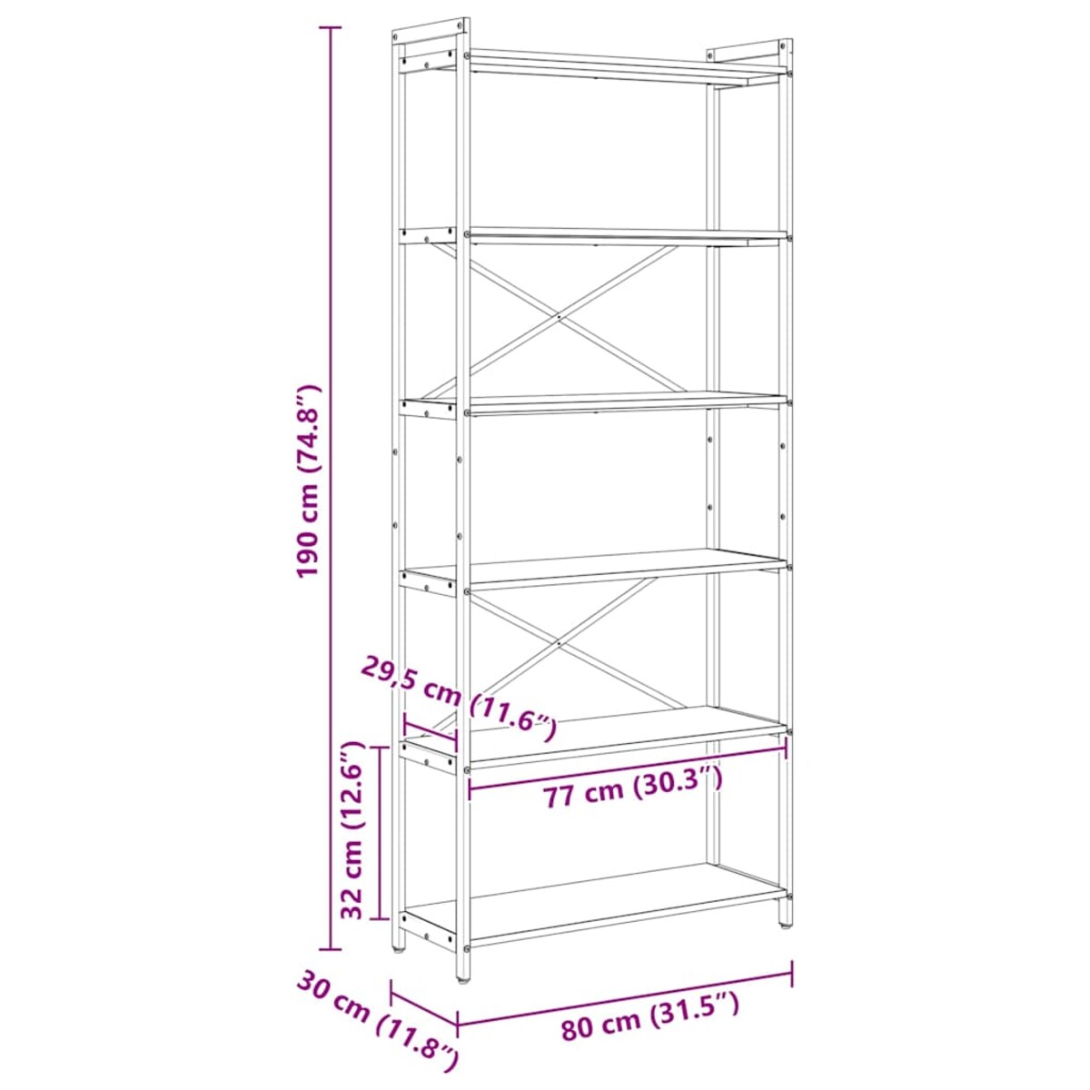vidaXL Półka na książki Szary dąb sonoma 80 x 30 x 188 cm