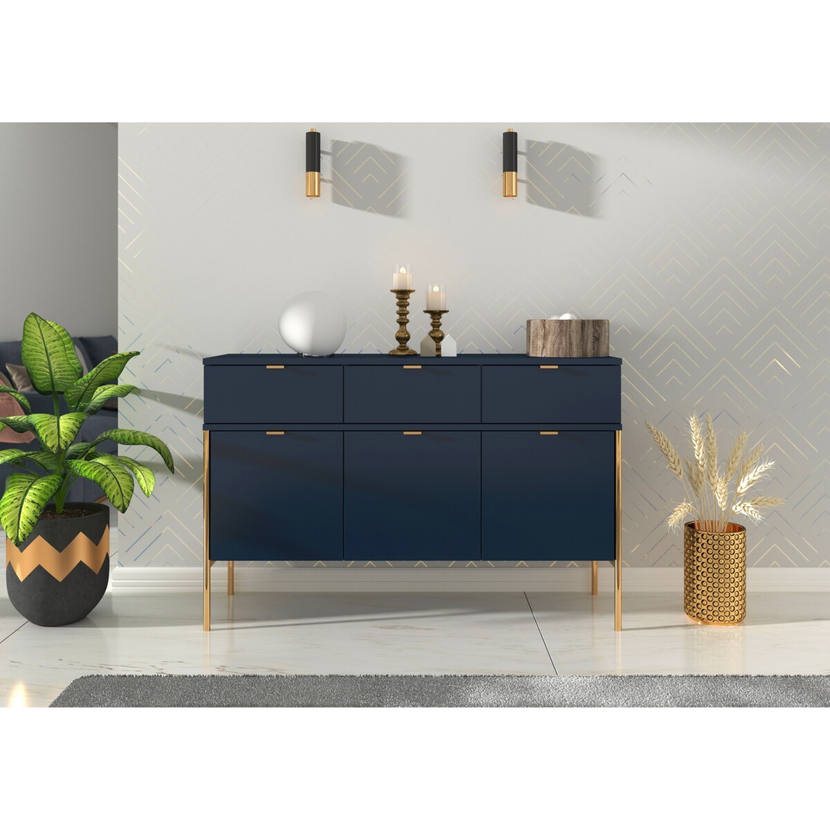 Elegancka granatowa komoda Skandica POLKA na złotych nóżkach