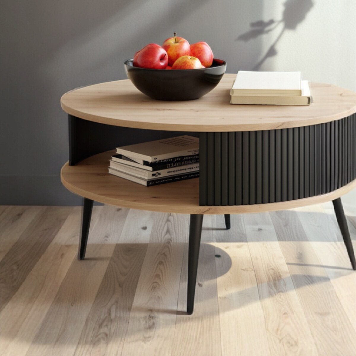 Stolik DO SALONU Okrągły Lamelowy DĄB ARTISAN Czarne Nogi NOWOCZESNY 76 cm
