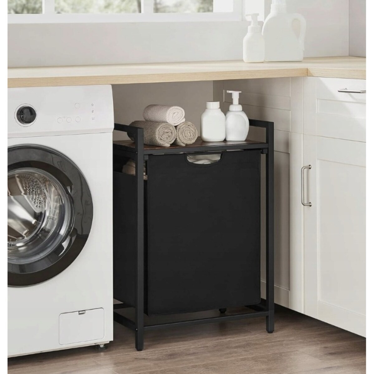 Kosz na pranie wolnostojący z półką industrialny loft drewniany retro 72 cm