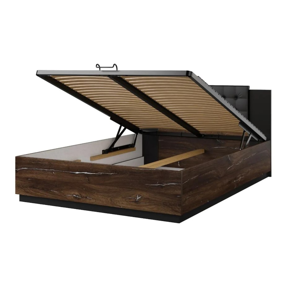 Łóżko SIGMA 140x200 dąb flagstaff srebrny/czarny mat z pojemnikiem