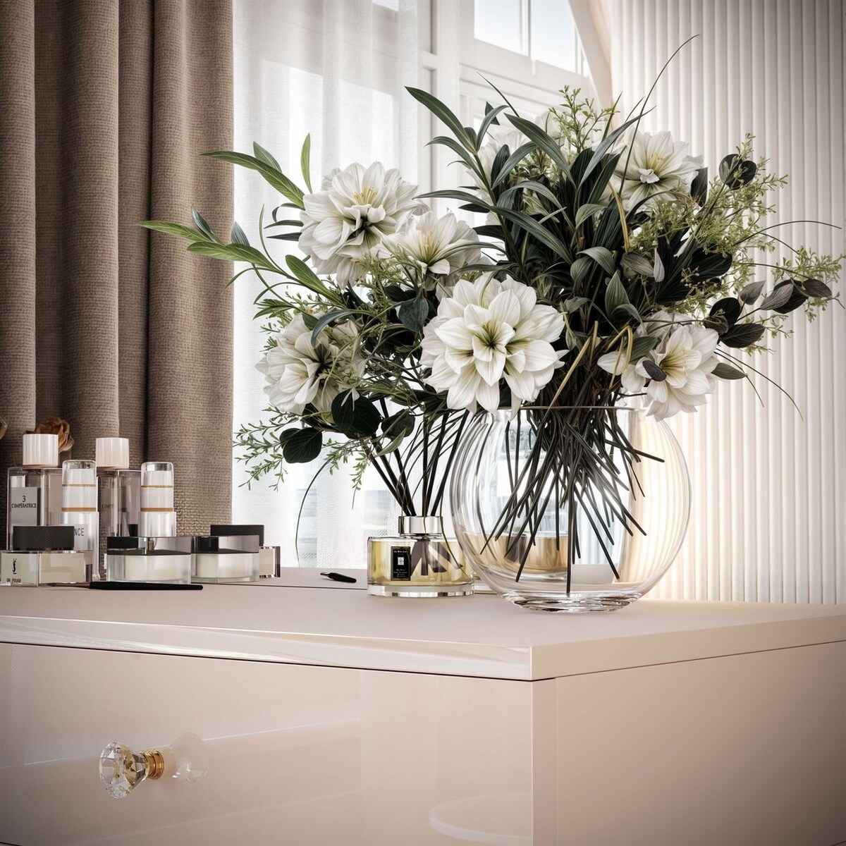 Toaletka kosmetyczna QUINNIE KASZMIR z lustrem LED, złoty chrom, prawa, uchwyt biały kryształ