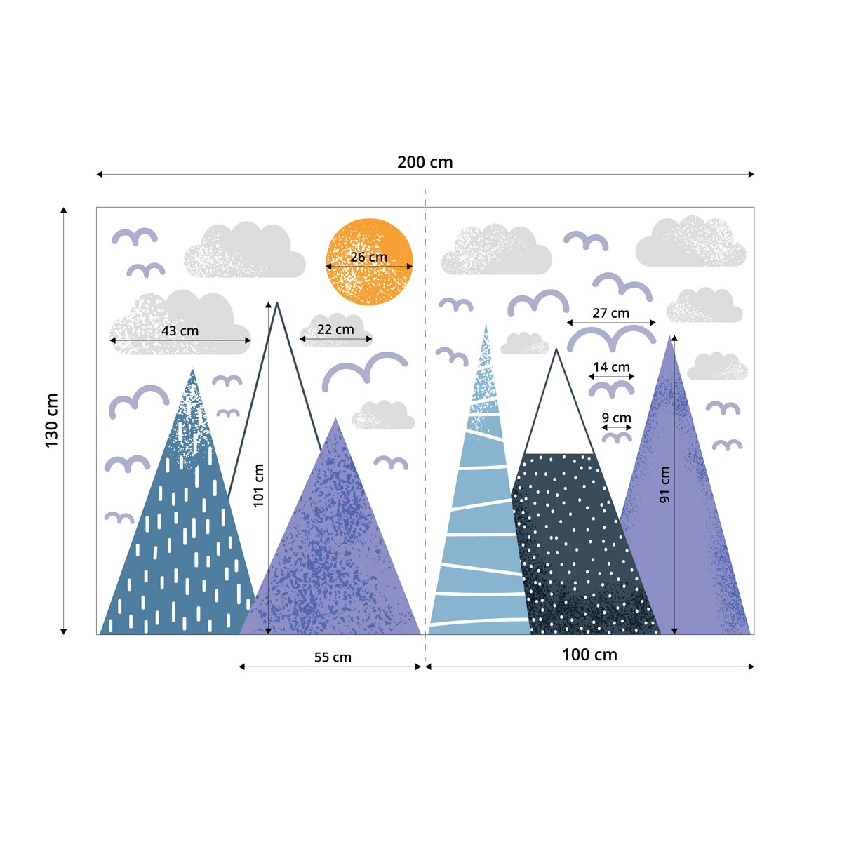 ZESTAW NAKLEJEK DLA DZIECI NA ŚCIANĘ FIOLETOWE GÓRY CHMURY PTAKI