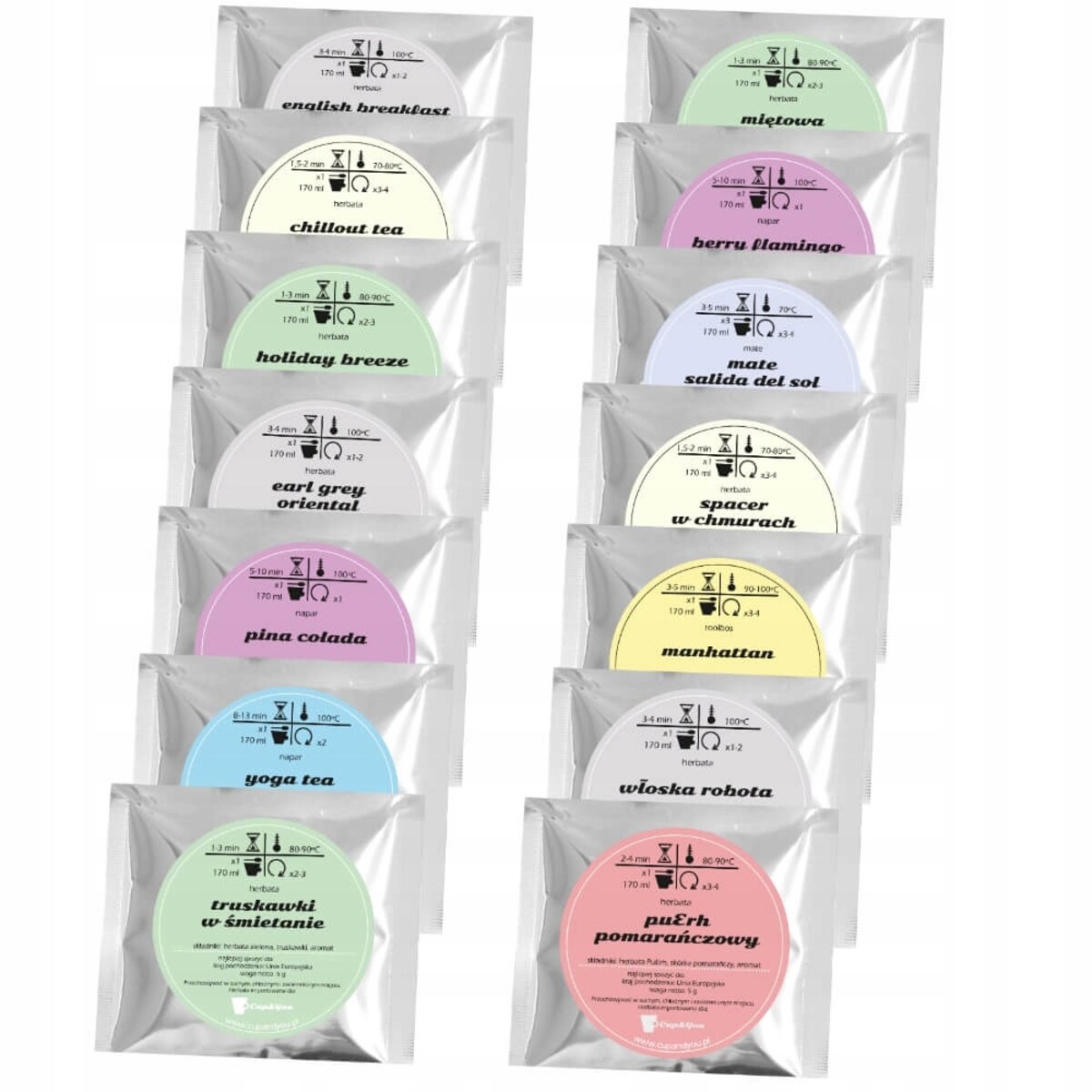 ZESTAW MIX 14 HERBAT SYPANYCH DO PODRÓŻY NA ZIMNO LUB NA GORĄCO + CUKIER I ZAPARZACZ - PREZENT UPOMINEK DLA KOBIETY FACETA
