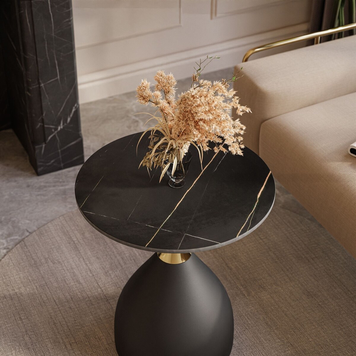 Okrągła ława CALYPSO czarny marmur złoty chrom