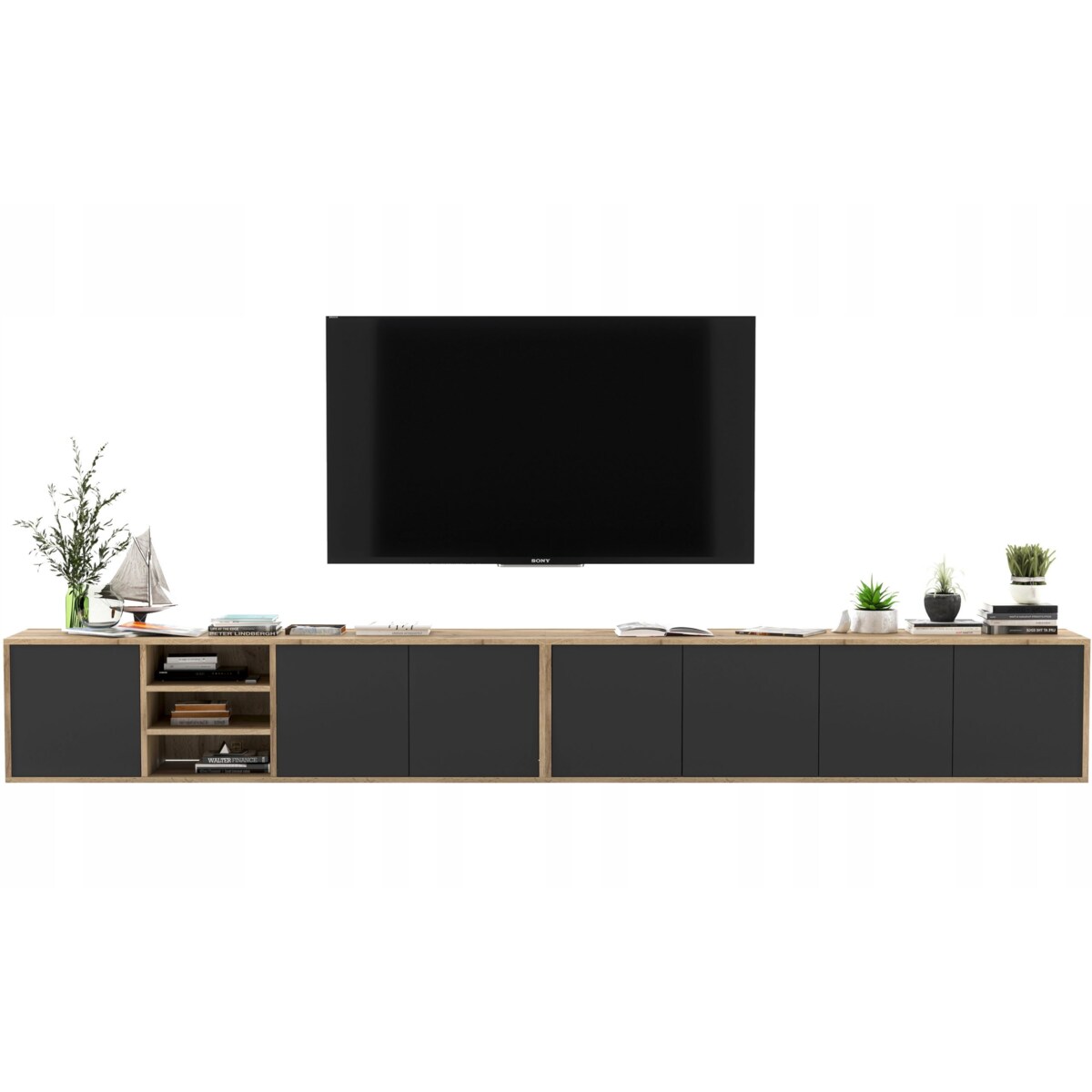 Wisząca szafka RTV Loft Industrialna Dąb Wotan Czarny MAT 300 cm