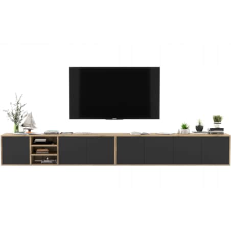 Wisząca szafka RTV Loft Industrialna Dąb Wotan Czarny MAT 300 cm