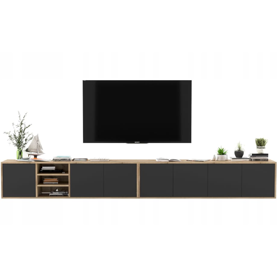 Wisząca szafka RTV Loft Industrialna Dąb Wotan Czarny MAT 300 cm