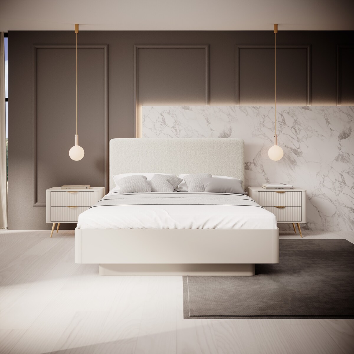 Stolik nocny ryflowany LENA w kolorze beżowym na złotych nóżkach