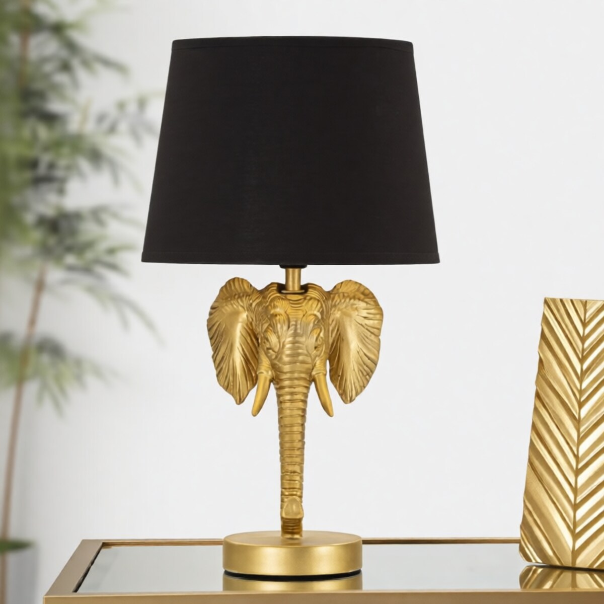 Lampa stołowa Elephant, kolor złoty i czarny, żywica syntetyczna i żelazo, 25 x 25 x 43 cm, 1 x E27, max. 40 W, motyw: słoń / słonie, Mauro Ferretti