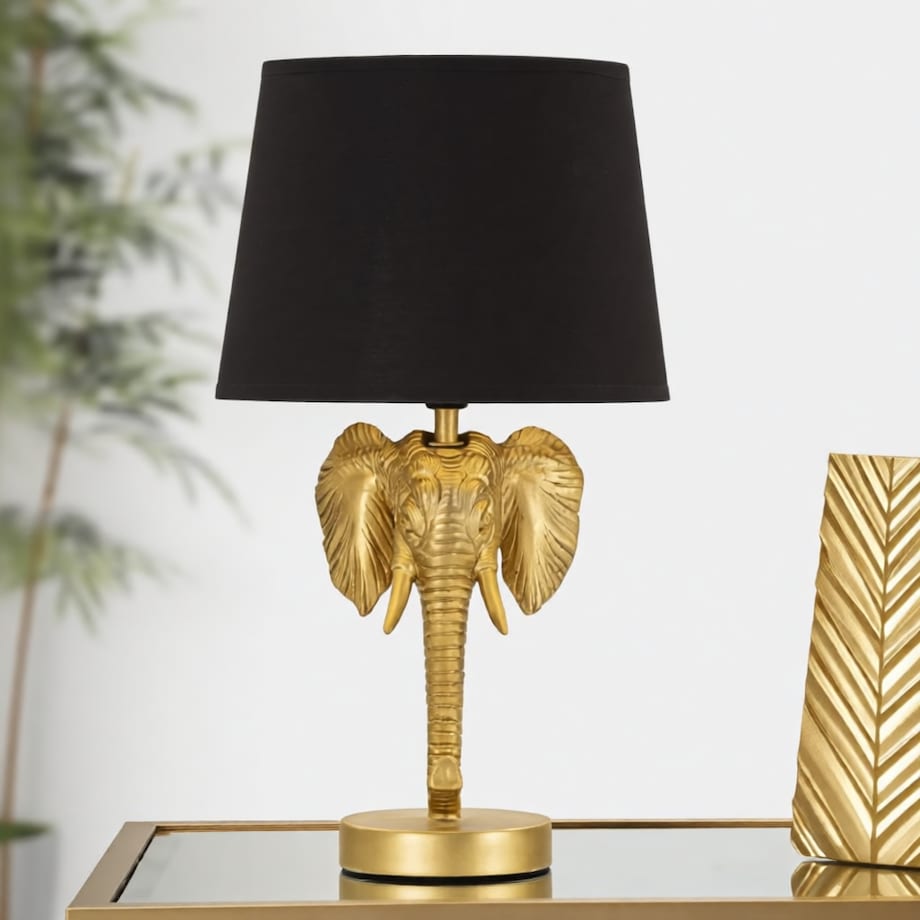 Lampa stołowa Elephant, kolor złoty i czarny, żywica syntetyczna i żelazo, 25 x 25 x 43 cm, 1 x E27, max. 40 W, motyw: słoń / słonie, Mauro Ferretti
