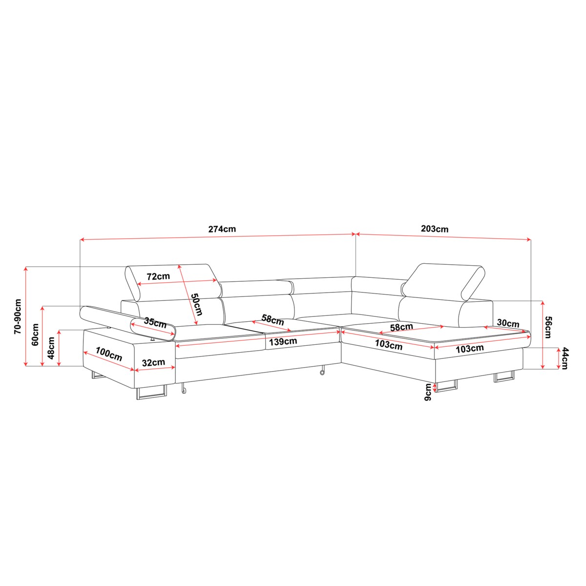 Narożnik ALEX z regulowanymi zagłówkami, lewostronny-Matt Velvet szary