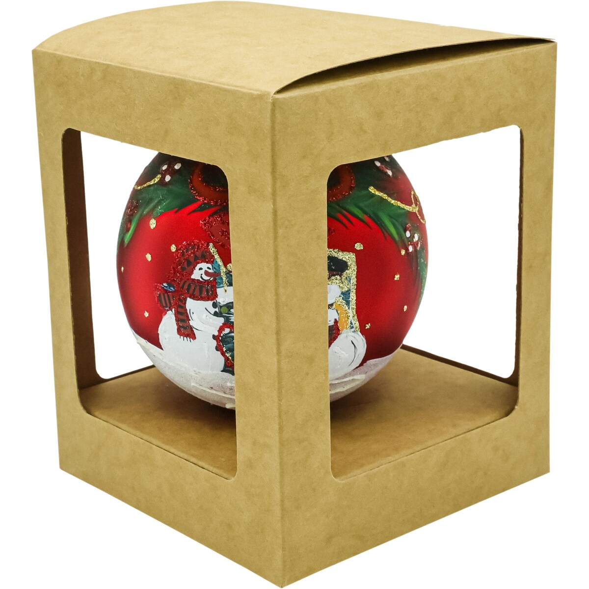 Bombka okrągła czerwona szklana: Bałwanki przy choince