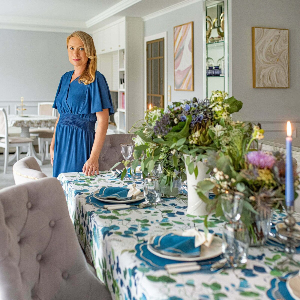 Bieżnik z motywem liści i ptaków Blue Sparrow – 50 × 150 cm