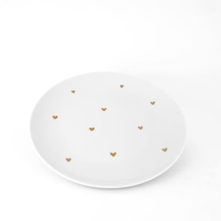 Biały talerz porcelanowy obiadowy 24 cm - motyw złotych serduszek dla mamy na Dzień Matki