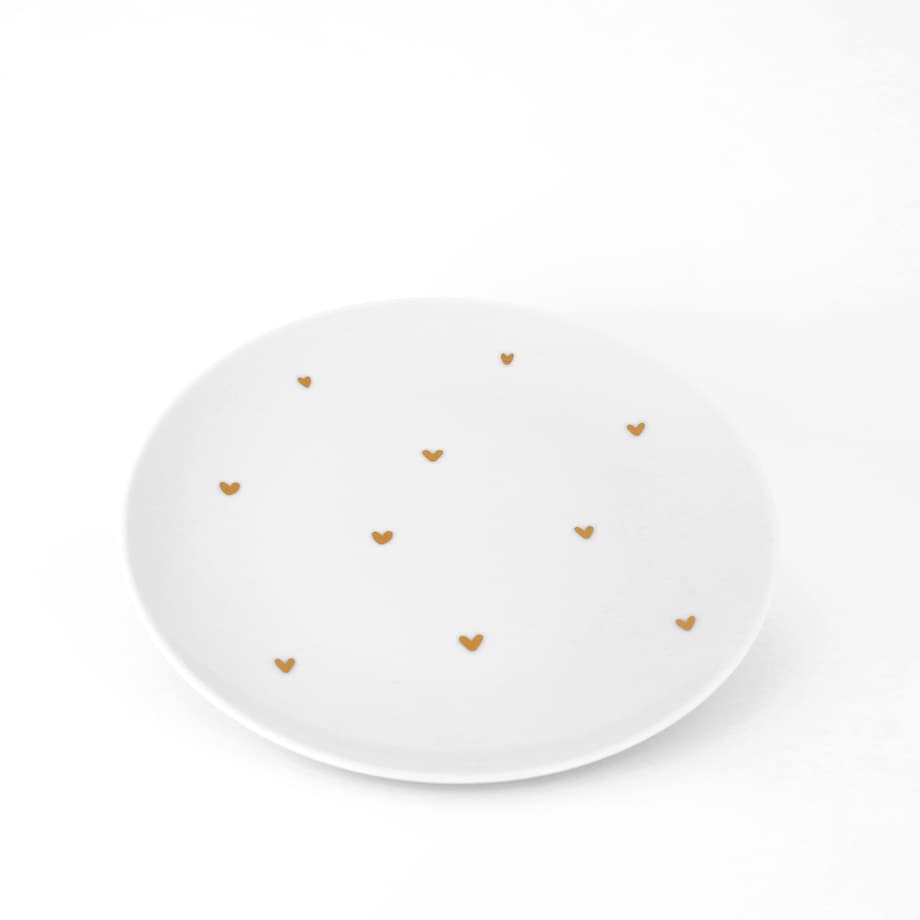 Biały talerz porcelanowy obiadowy 24 cm - motyw złotych serduszek dla mamy na Dzień Matki