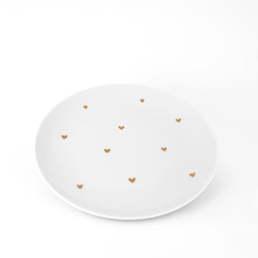 Biały talerz porcelanowy obiadowy 24 cm - motyw złotych serduszek dla mamy na Dzień Matki