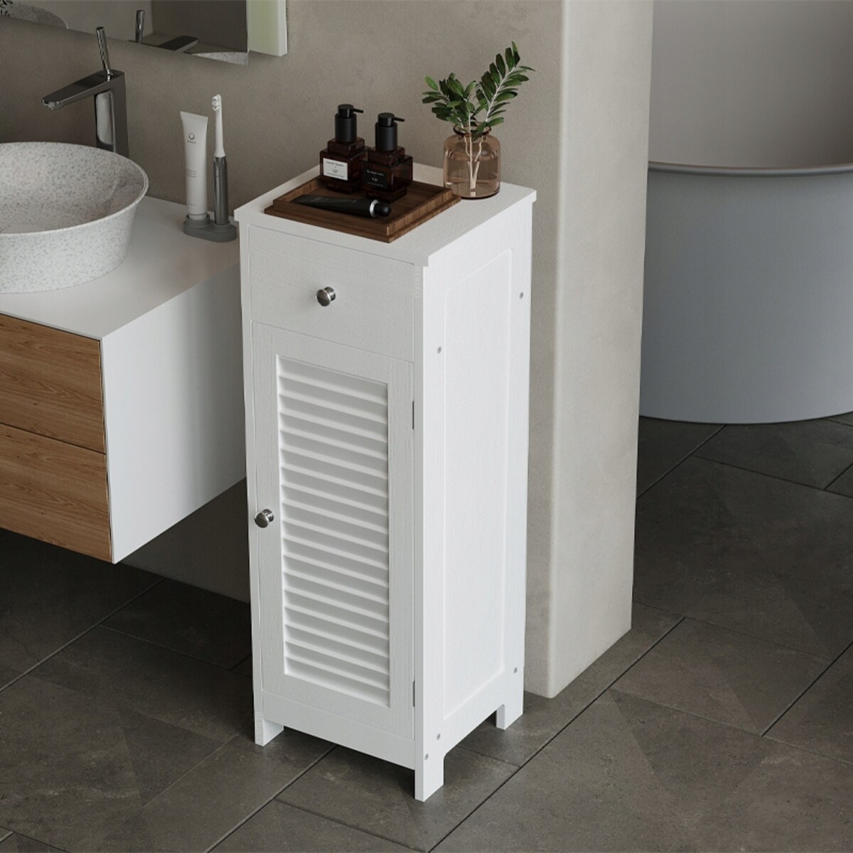 Szafka łazienkowa słupek drzwi biała wysoka 2 półki z szufladą loft 87 cm