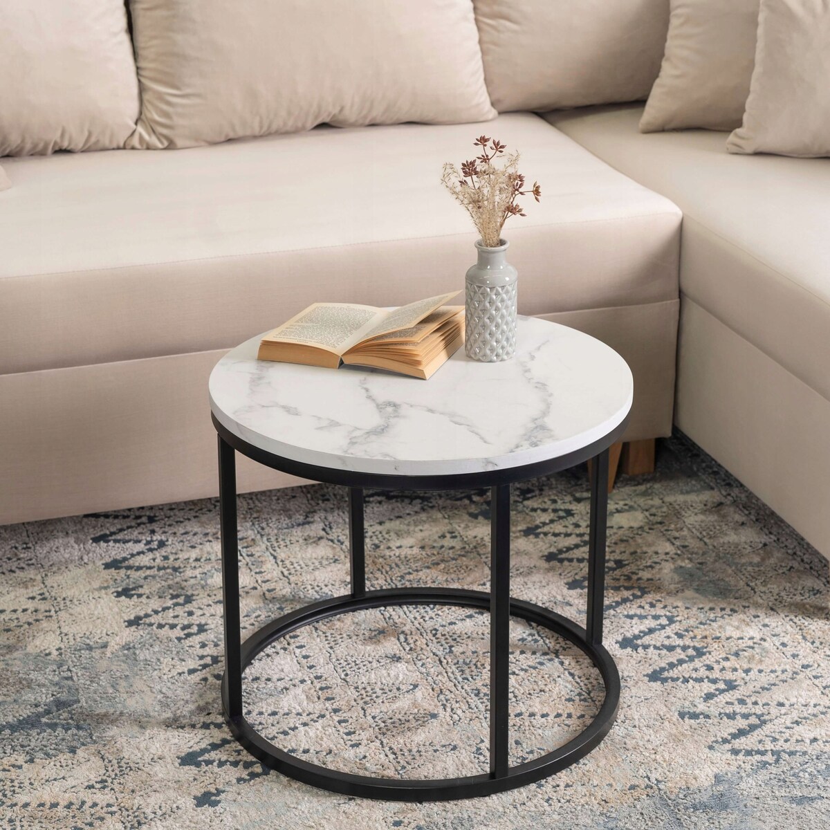 Stolik Kawowy Okrągły Glamour Biały Marmur Czarny CONNY