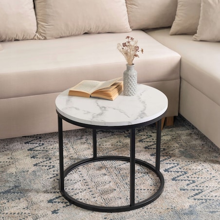 Stolik Kawowy Okrągły Glamour Biały Marmur Czarny CONNY