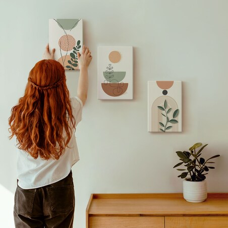 Zestaw 3 małych obrazów na płótnie - Abstrakcyjne roślinne kształty boho - beżowy