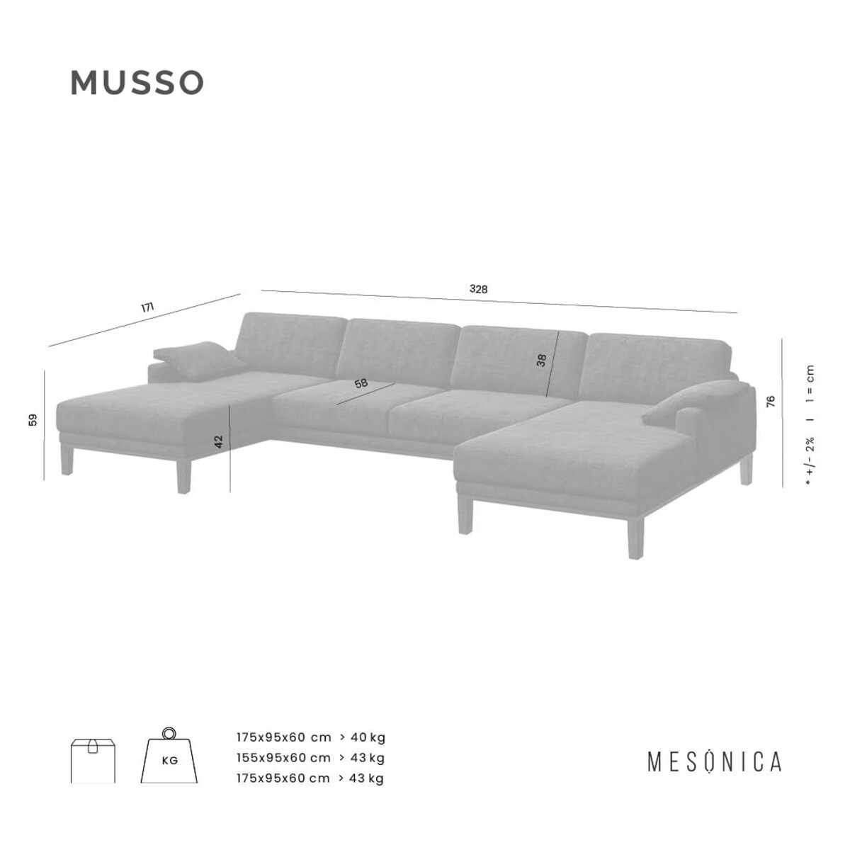 Sofa narożna podwójna Musso jasnoszara