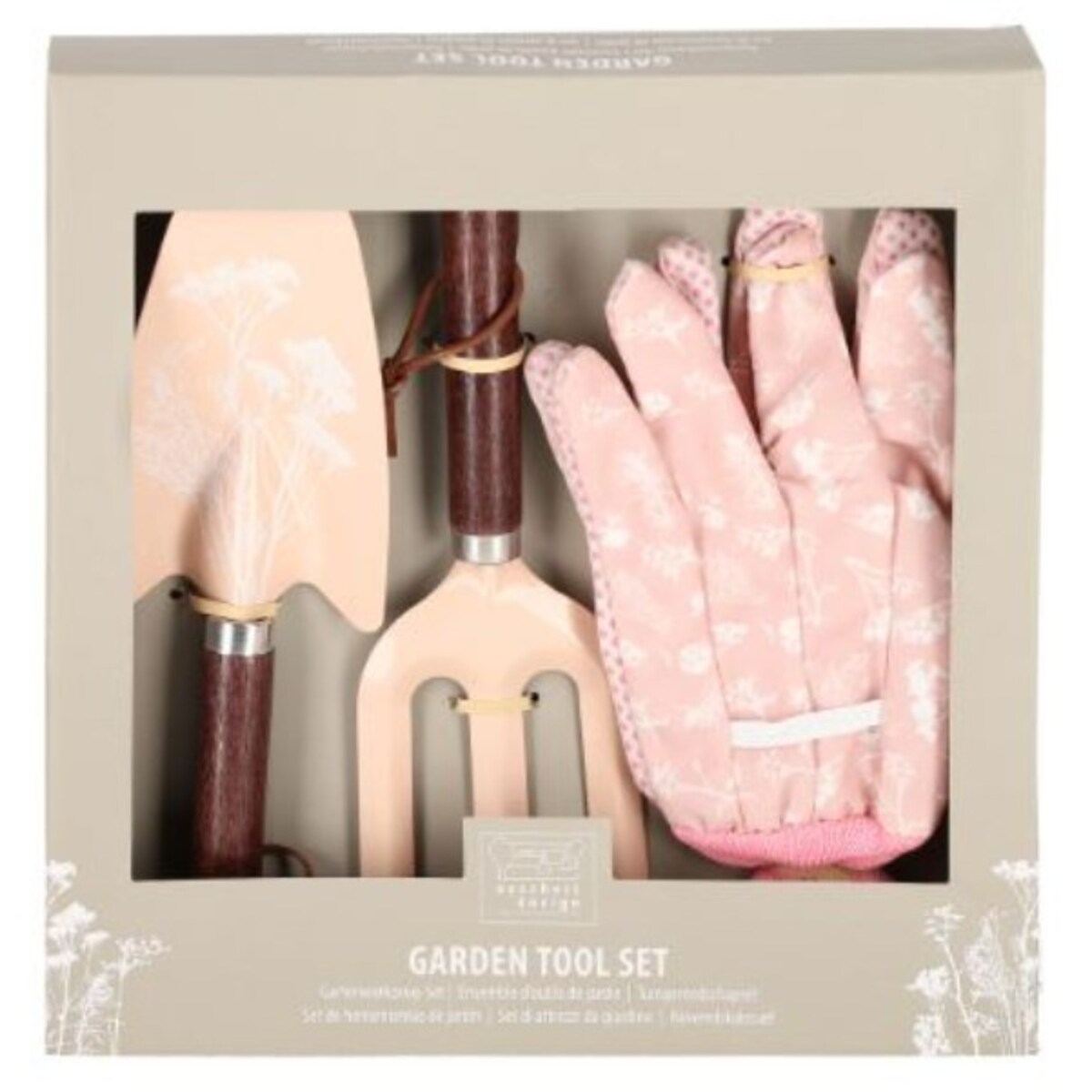 ZESTAW NARZĘDZI OGRODNICZYCH łopatka grabki rękawiczki kolorowe zioła łąkowe PREMIUM Eschert Design