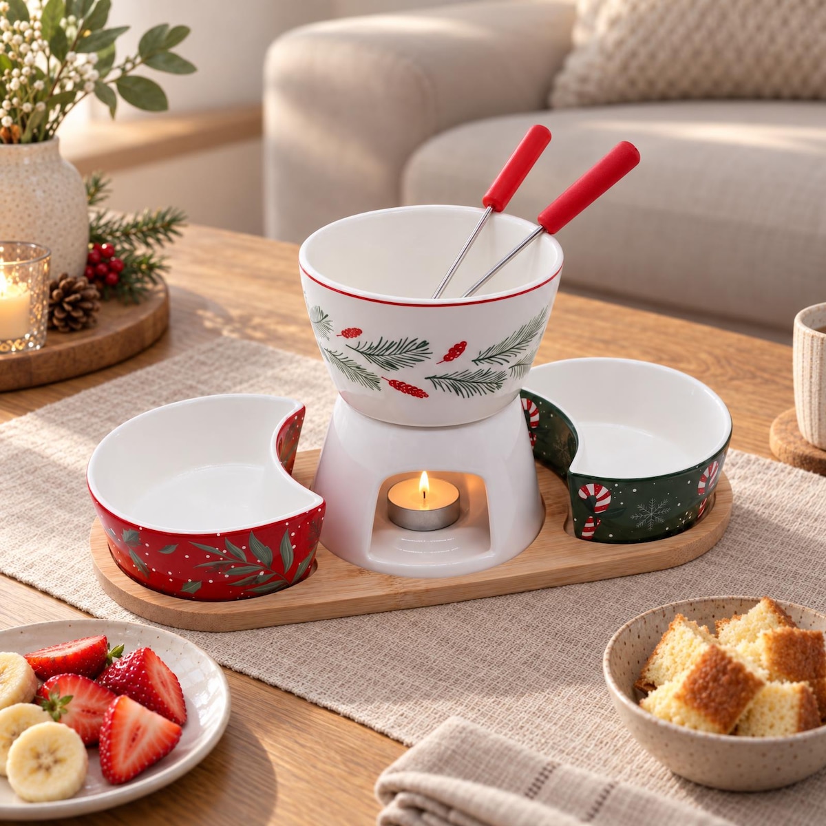 Zestaw do fondue porcelanowy z tacą bambusową, taca 21 x 12 cm