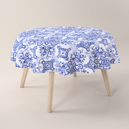 Obrus okrągły 130 x 130 cm niebieskie wzory na białym tle