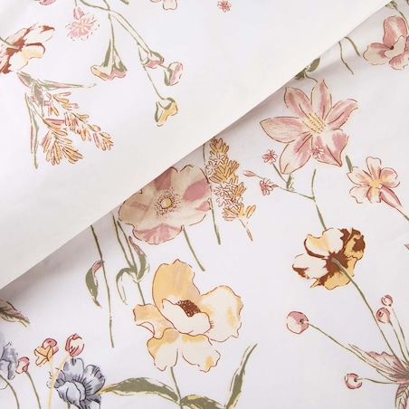 Pościel satyna bawełniana 180x200 Floralis delikatne kremowe kwiaty na biały tle, Satynlove