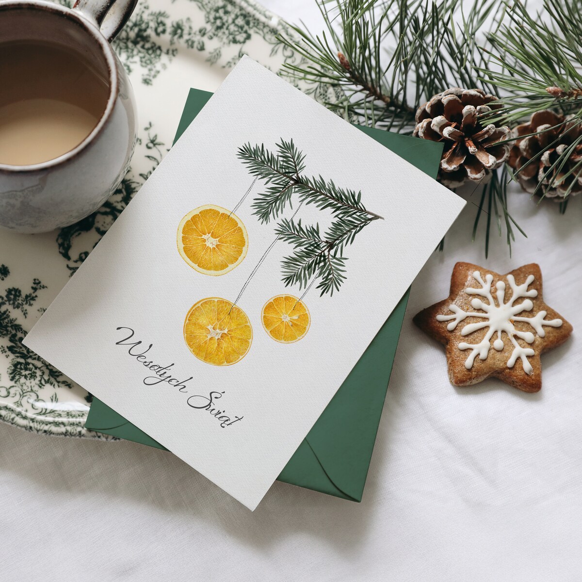 Zestaw Trzech Kartek Świątecznych Gałązka Choinki z Plastrami Pomarańczy 12x17