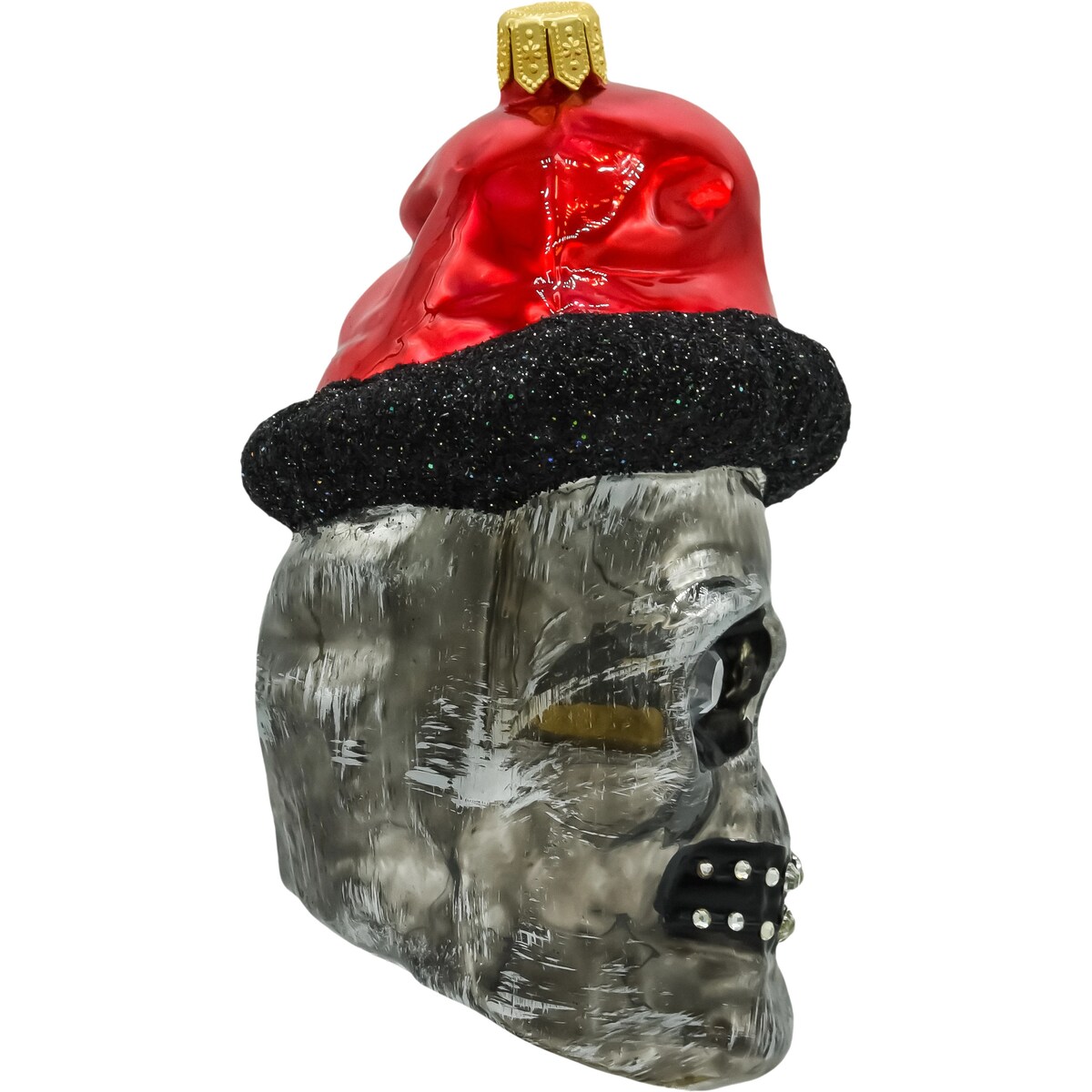 Bombka choinkowa: Czaszka Halloween w czapce Świętego Mikołaja: szara