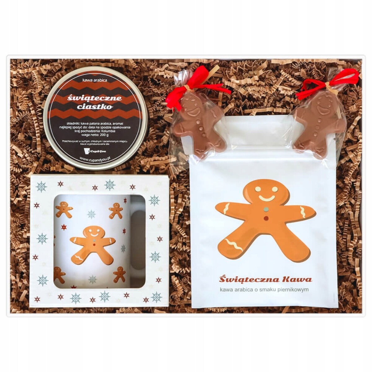 Gotowy zestaw prezentowy "Ginderbread Box" kawa smakowa PREMIUM kubek ciastko z mlecznej czekolady kawa piernikowa prezent na gwiazdkę święta pod choinkę dla mamy taty żony męża chłopaka dziewczyny