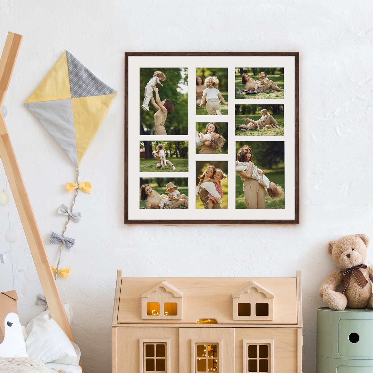 Ramka na zdjęcia 1x 10x10 6x 10x15 2x 15x21 brązowa galeria na 9 zdjęć multirama 50x50 FRAMAI