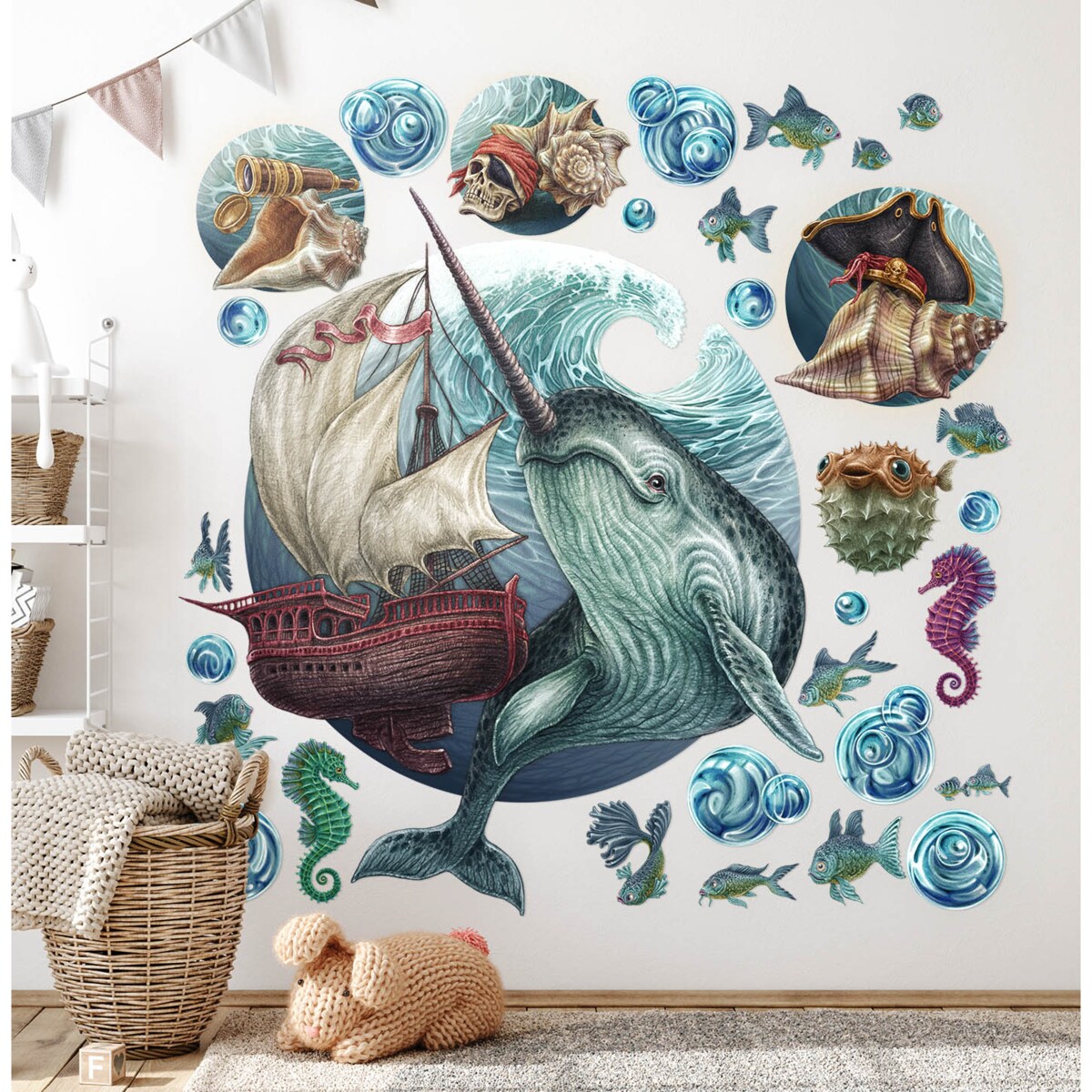 Zestaw naklejek na ścianę, Morskie zwierzęta, 100cm