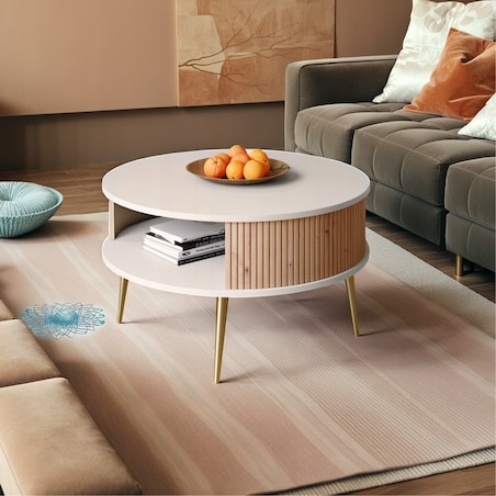 Stolik Kawowy Okrągły DO SALONU Biały Lamele Dąb Artisan VERLO GOLD 76cm