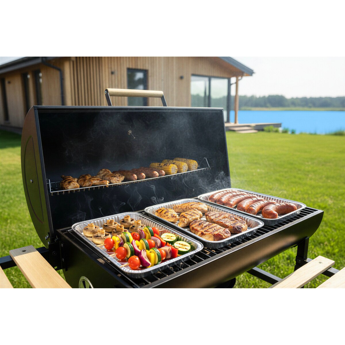 Grill węglowy ogrodowy Berdsen z półkami beczka z kominem + termometr + popielnik