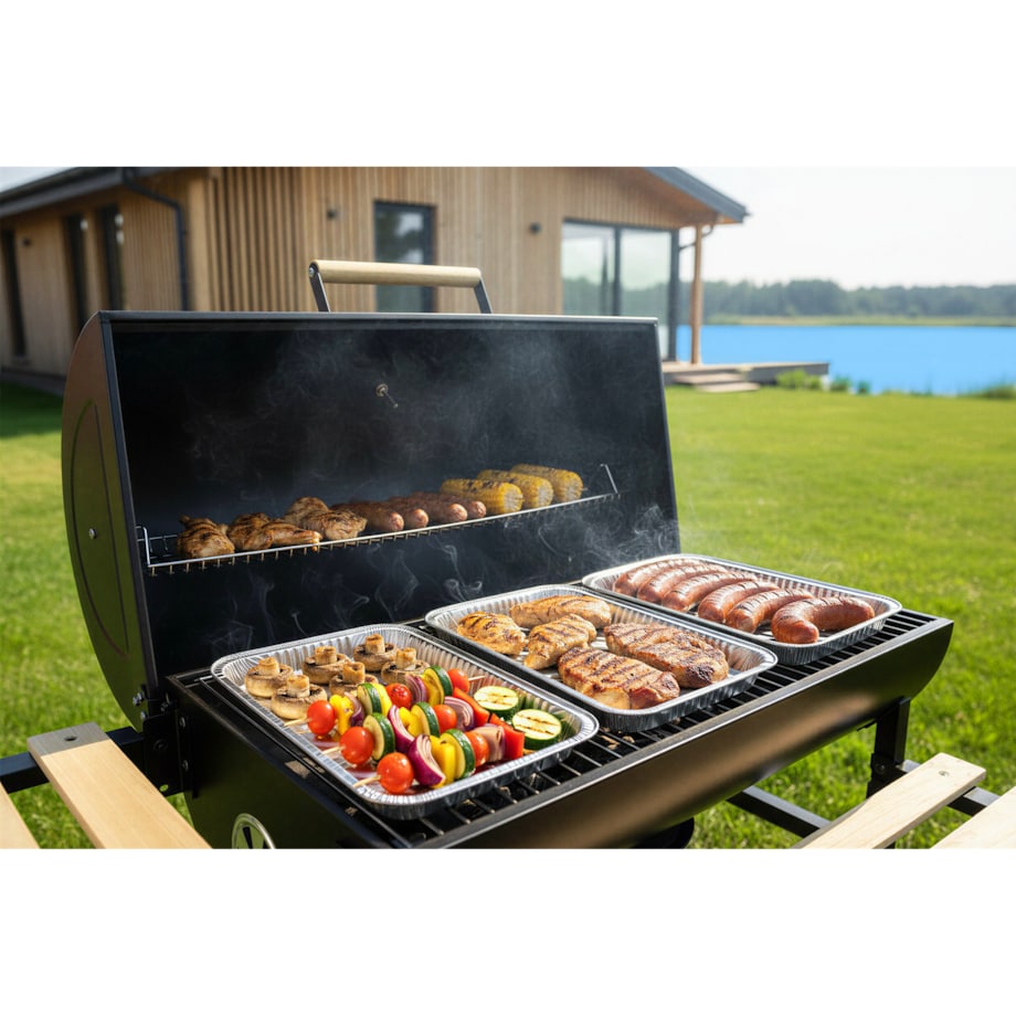 Grill węglowy ogrodowy Berdsen z półkami beczka z kominem + termometr + popielnik