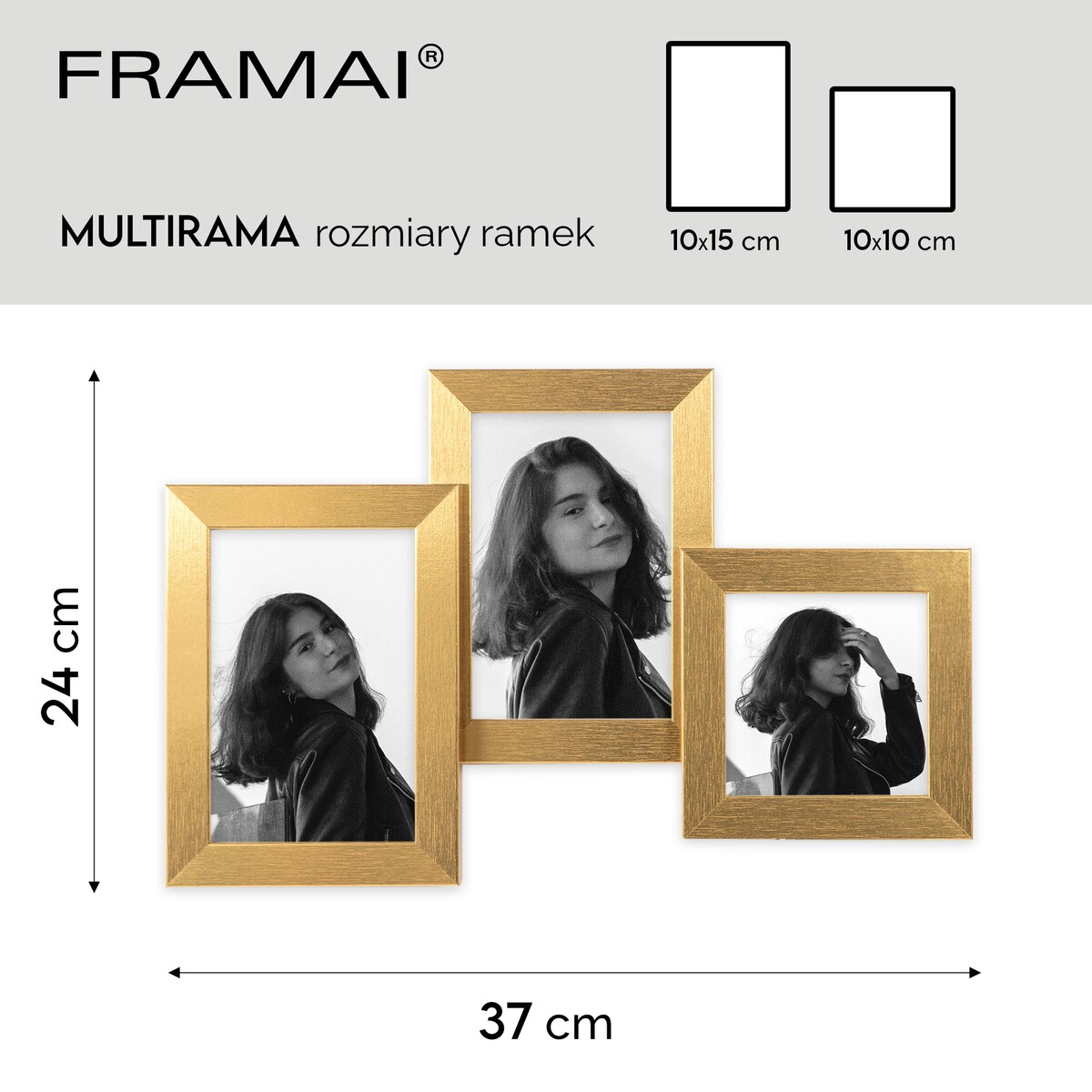 Multirama ramka na zdjęcia. Złota multirama na trzy zdjęcia 10x15 cm 10x10 cm Ramka na zdjęcia 3 w 1 MULTI HEN 4 FRAMAI®
