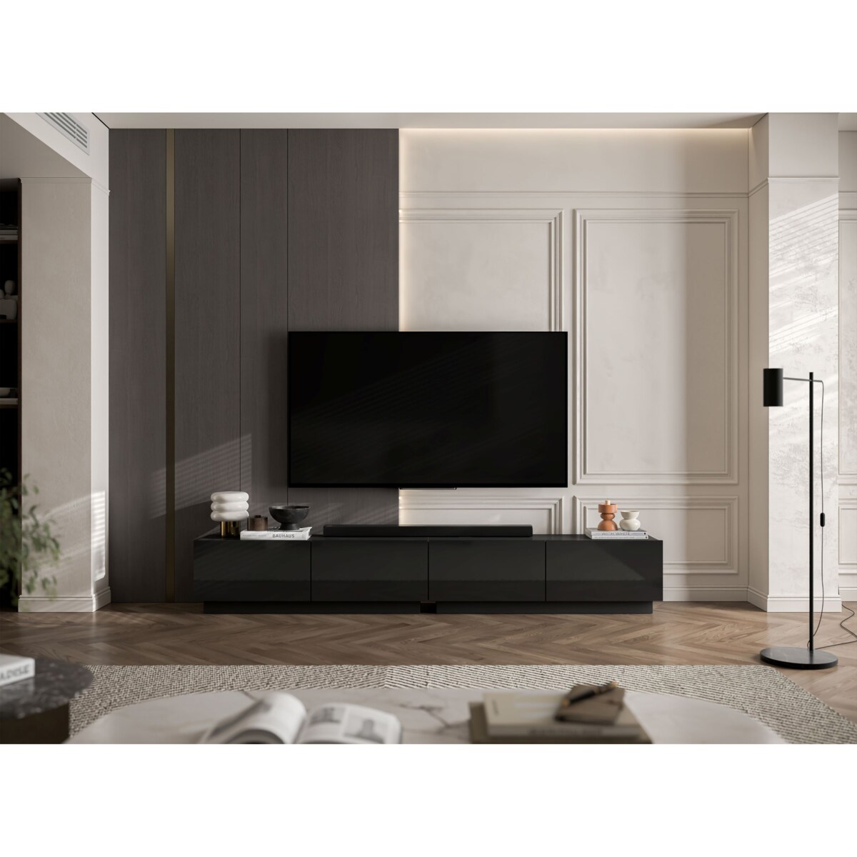 Szafka RTV Glamour Stojąca / Wisząca Komoda RTV Fronty Czarny połysk 240 cm