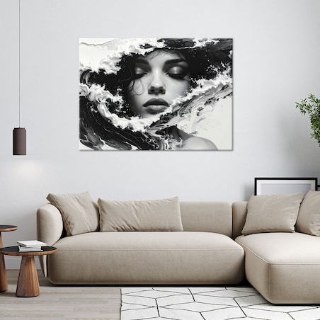 Obraz do salonu, Portret kobiecy czarno biały w stylu artystycznym fale morskie 100x70 cm