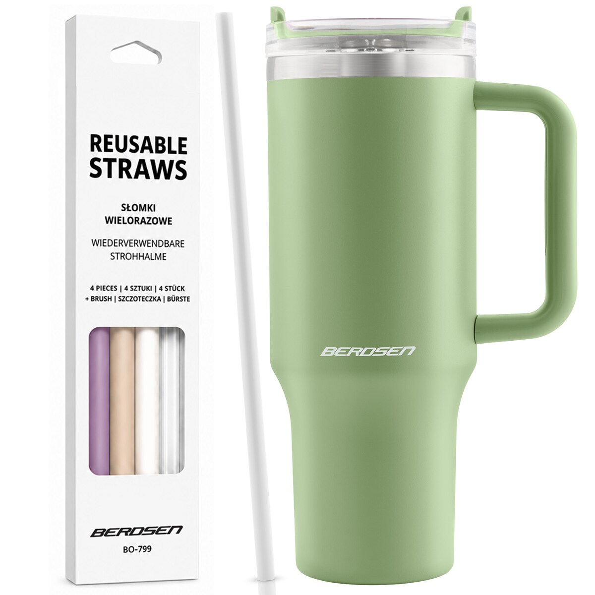 Kubek termiczny Berdsen zielony 1180ml stal nierdzewna zimne ciepłe napoje + zestaw słomek