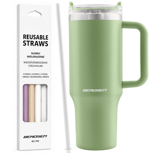 Kubek termiczny Berdsen zielony 1180ml stal nierdzewna zimne ciepłe napoje + zestaw słomek
