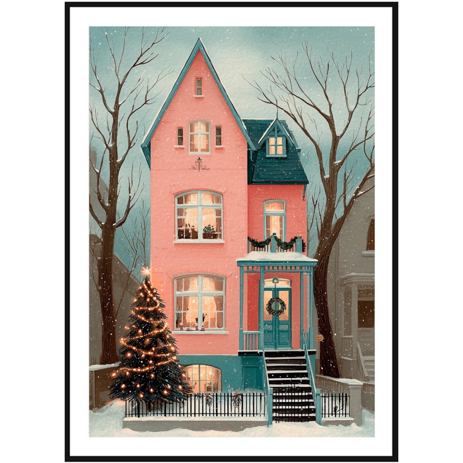 Poster Story, Plakat, Obraz - Zimowy Różowy Dom, wymiary 70 x 100 cm